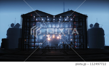 Production of military futuristic ship at the factory. People and robots Future concept. 3d rendering. 112497722