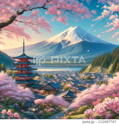桜が満開で富士山を望む春の風景 112497747