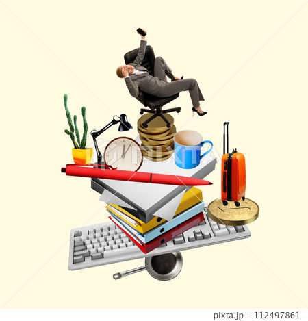 Balanced composition of office and leisure items. Young woman balancing on top of home and work goods. Conceptual contemporary art collage. 112497861