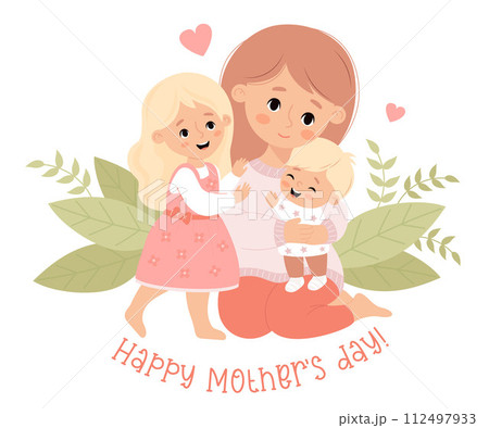 Cute woman mother with his blonde daughter in pink dress and little baby son. Holiday card Happy mothers day. Vector illustration in flat cartoon style 112497933