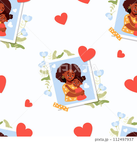 Seamless pattern with photograph from happy ethnic black woman mother with daughter with flowers on white background with hearts. Vector illustration in flat cartoon style. Mothers holiday confession 112497937