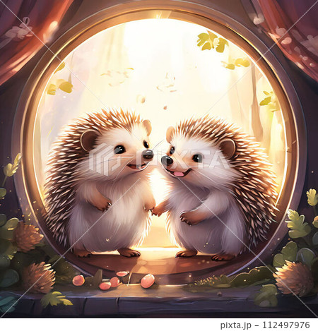 小さな窓越しに見える2匹のハリネズミのイラスト 112497976