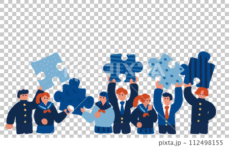 Simple and flat illustration of students with puzzles Simple and flat illustration of students with puzzles 112498155