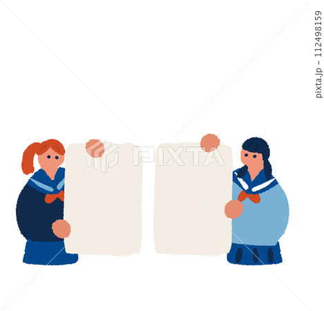ボードを持つ女子学生のフラットでシンプルなイラスト 112498159