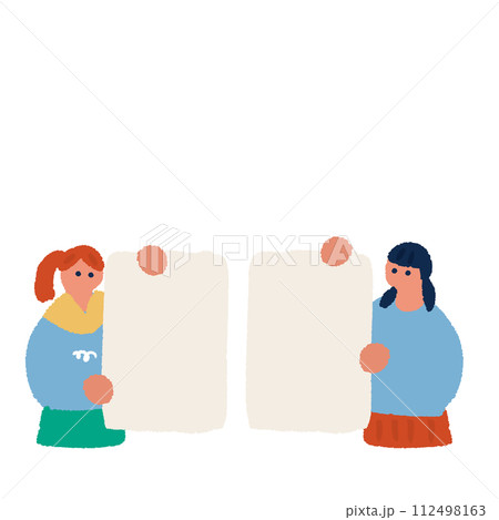 ボードを持つ女性のフラットでシンプルなイラスト 112498163