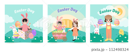 Happy Easter Set of greeting cards, posters, holiday covers. Trendy design with typography, girl, dots, eggs and bunny, in pastel colors. vector illustrator 112498324