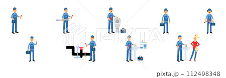 Man Plumber Character Engaged in Repair Professional Fixing Vector Set Man Plumber Character Engaged in Repair Professional Fixing Vector Set 112498348