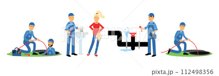 Man Plumber Character Engaged in Repair Professional Fixing Vector Set 112498356