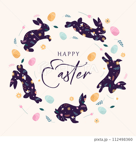 Decorated easter card, Easter folk rabbits for banner. Bunnies, Easter eggs, flowers, posters. flat vector illustrations 112498360