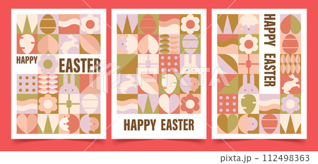 Happy Easter Patterns set. Modern geometric abstract style. Perfect for a poster, cover, or postcard, flat vector illustrations 112498363
