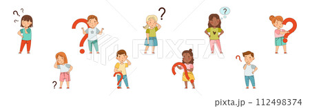 Curious Kid Character with Question Mark Vector Set Curious Kid Character with Question Mark Vector Set 112498374