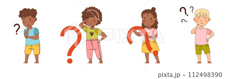 Curious Kid Character with Question Mark Vector Set 112498390