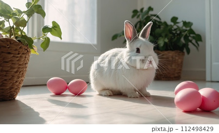 Easter bunny with flowers and Easter eggs in the rays of the spring sun. AI generated 112498429