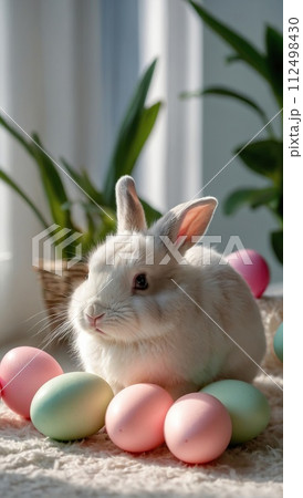 Easter bunny with flowers and Easter eggs in the rays of the spring sun. AI generated 112498430