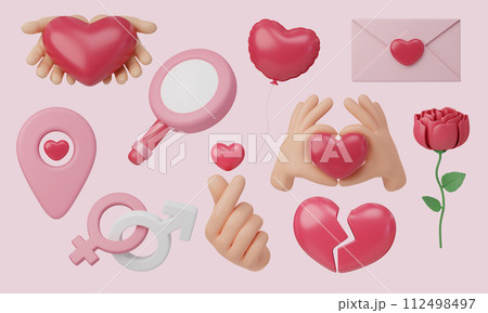 3d icon set of Valentine's day ,Hearts, sweet chocolate and gifts, Valentine's Day Concept.3d rendering illustration. Clipping path. 3d icon set of Valentine's day ,Hearts, sweet chocolate and gifts, Valentine's Day Concept.3d rendering illustration. Clipping path. 112498497