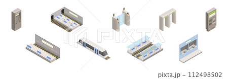 Isometric Metro Station with Payment Terminal and Train Vector Set Isometric Metro Station with Payment Terminal and Train Vector Set 112498502