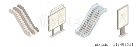 Isometric Metro Station with Map Board and Escalator Vector Set 112498511