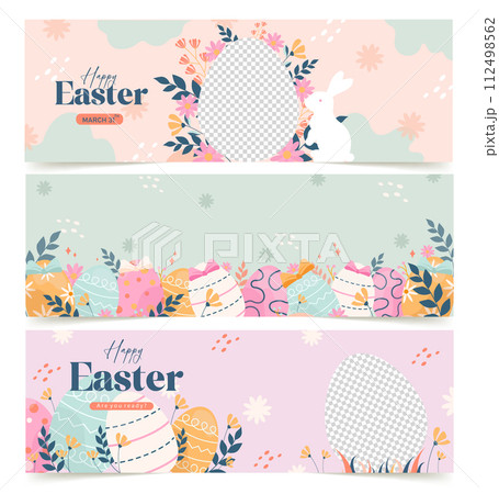 Happy Easter Set of Sale banners, greeting cards, posters, holiday covers. Trendy design with typography, hand painted plants, dots, eggs and bunny, in pastel colors. flat vector illustrations 112498562