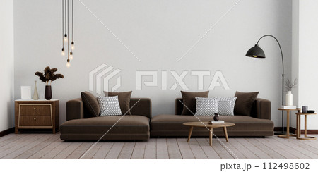 Modern living room .3d rendering image. There are wooden floor decorate wall .with brown fabric furniture. 112498602