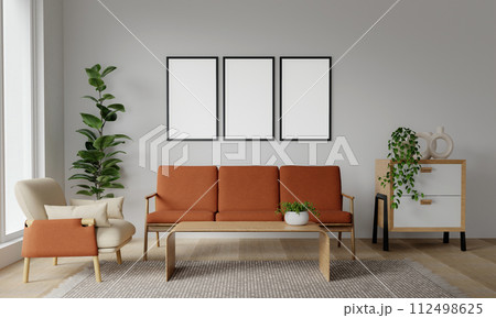 Cozy modern living room interior mock-up poster frame and orange sofa and decoration room on a orange or white wall background. 3D rendering 112498625