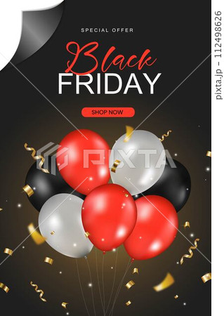 Black friday sale promotion banner with shiny balloons, Shopping sale and discount festive. Vector illustration 112498626