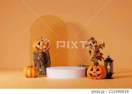3D pedestal podium set on orange background. Halloween pumpkin with frame. pumpkin display showcase, product promotion. 3d render. 3D pedestal podium set on orange background. Halloween pumpkin with frame. pumpkin display showcase, product promotion. 3d render. 112498639