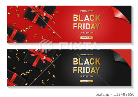Black friday vertical sale banner set with realistic gift box and ribbon text on background. Vector illustration Black friday vertical sale banner set with realistic gift box and ribbon text on background. Vector illustration 112498650