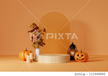 Halloween with pumpkin and empty minimal podium pedestal product display background and Halloween Elements. 3d render. 112498666