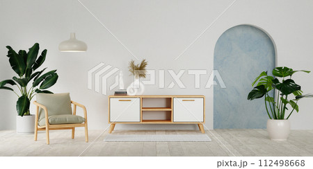 White minimalist living room interior with cabinet chair and plant on a wooden floor. Home Nordic interior. Scandinavian interior poster mock up. 3D render illustration 112498668