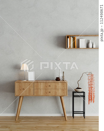 Empty wall in modern interior background, wooden office, 3D render illustration. Empty wall in modern interior background, wooden office, 3D render illustration. 112498671