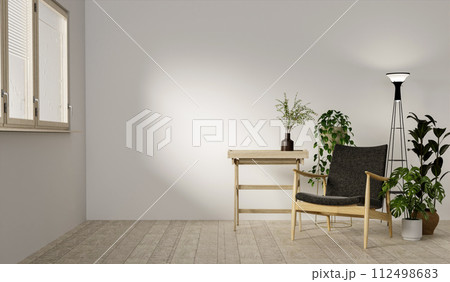 A blank room with sofa and shelf and plant and with Minimal style 3d render, white wall and wood floor, The room has large windows. 3d render A blank room with sofa and shelf and plant and with Minimal style 3d render, white wall and wood floor, The room has large windows. 3d render 112498683