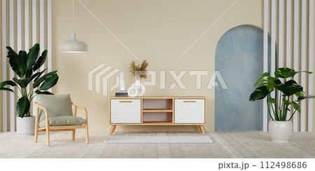 beige minimalist living room interior with cabinet chair and plant on a wooden floor. Home Nordic interior. Scandinavian interior poster mock up. 3D render illustration 112498686
