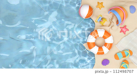 Top view on sea beach. summer vacation with beach towel, swimming ring, sandals, ball and sand bucket. Creative travel concept idea with copy space. illustration banner 3d rendering illustration Top view on sea beach. summer vacation with beach towel, swimming ring, sandals, ball and sand bucket. Creative travel concept idea with copy space. illustration banner 3d rendering illustration 112498707