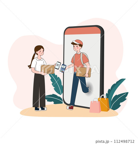 Woman client pay by scan qr code to courier delivering package by post. woman customer receive postal parcel order online from postman. Safe cashless payment, digital system technology concept. Woman client pay by scan qr code to courier delivering package by post. woman customer receive postal parcel order online from postman. Safe cashless payment, digital system technology concept. 112498712