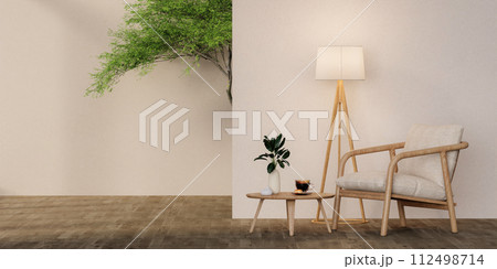 A blank room with sofa and shelf and plant and with Minimal style 3d render, white wall and wood floor, The room has large windows. 3d render A blank room with sofa and shelf and plant and with Minimal style 3d render, white wall and wood floor, The room has large windows. 3d render 112498714