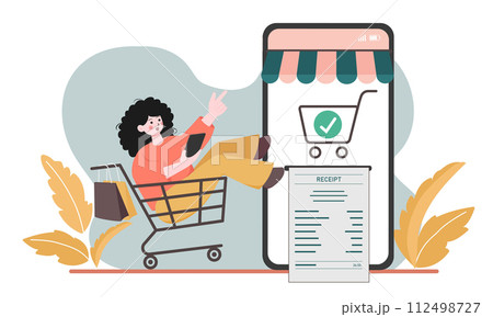 Woman with telephone in her hands buys goods in online store. Shopping and home delivery. Electronic transfer and payment on Internet. Cartoon flat vector illustration 112498727