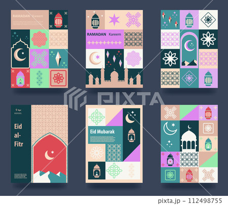 Ramadan Kareem. Ramadan greeting card template set. Traditional patterns and elements. Mosaic geometric illustration. Poster, media banner. 112498755