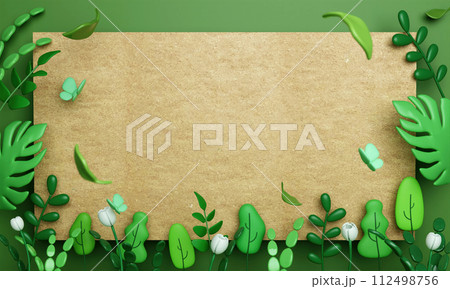 3d eco paper with green leaves on green background. save the planet and energy concept. 3d rendering illustration. 112498756