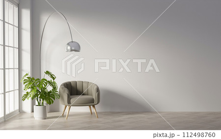 A blank room with sofa and shelf and plant and with Minimal style 3d render, white wall and wood floor, The room has large windows. 3d render 112498760