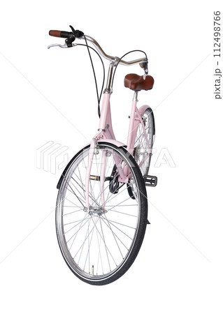 Pink retro bicycle with brown saddle and handles, generic bike front view 112498766