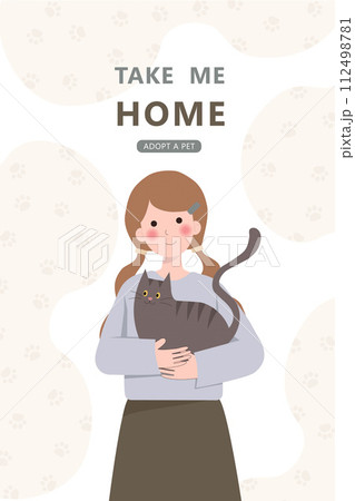 woman hugs her cat with love, the concept of the relationship between people and their pets, adopt, shelter. Woman holding dog. Cartoon vector illustration. woman hugs her cat with love, the concept of the relationship between people and their pets, adopt, shelter. Woman holding dog. Cartoon vector illustration. 112498781