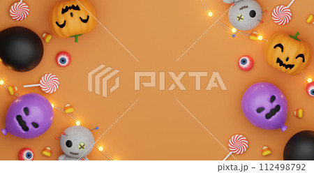 Halloween background with space for text. 3d render illustration. Top view. Halloween background with space for text. 3d render illustration. Top view. 112498792