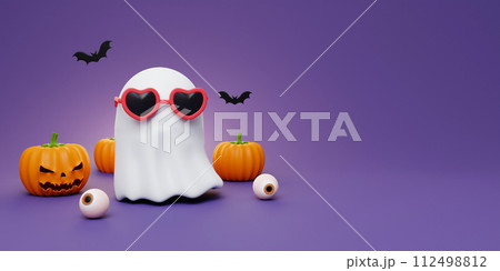 Happy Halloween Festive. Halloween white ghost cute smile face with pumpkins and bat on purple background . 3d cartoon style. Holiday Hallows' Eve or Saints' Eve. copy space. 3d render. 112498812