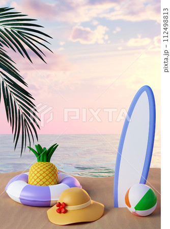 Summer beach vacation. surfboard and pineapple in swimming ring, hat, ball with palm leaf. Creative travel concept idea with copy space. 3d illustration banner. 3d rendering illustration 112498813