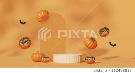 Halloween with pumpkin and empty minimal podium pedestal product display background and Halloween Elements. 3d render. Halloween with pumpkin and empty minimal podium pedestal product display background and Halloween Elements. 3d render. 112498819