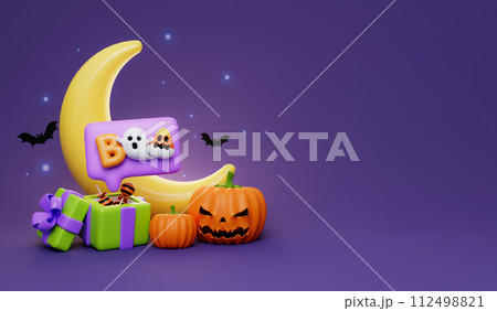 3d Happy Halloween. Zombie hand hold Jack-o-Lantern pumpkin with coin on purple background. Happy Halloween concept. Traditional october holiday. copy space. 3d render. 112498821