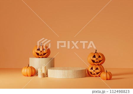 Halloween with pumpkin and empty minimal podium pedestal product display background and Halloween Elements. 3d render. 112498823