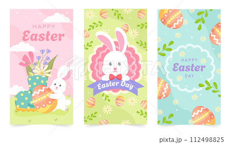 Happy Easter Set of Sale banners, greeting cards, posters, holiday covers. Trendy design with typography, hand painted plants, dots, eggs and bunny, in pastel colors. flat vector illustrations Happy Easter Set of Sale banners, greeting cards, posters, holiday covers. Trendy design with typography, hand painted plants, dots, eggs and bunny, in pastel colors. flat vector illustrations 112498825