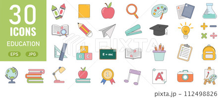 Education and Learning icons set. back to school icons for web and mobile app. E-learning, video tutorial, knowledge, study, school, university, webinar, online education. Vector illustration 112498826