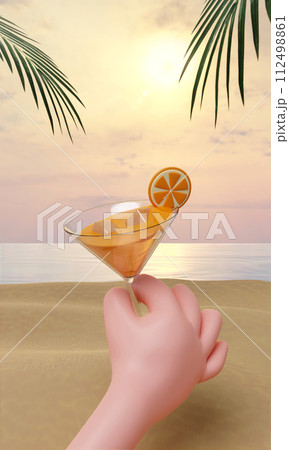 3d hand holding a glass of orange soda on the beach. Summer vacation vibes. Creative summer concept idea. 3d rendering illustration. 3d hand holding a glass of orange soda on the beach. Summer vacation vibes. Creative summer concept idea. 3d rendering illustration. 112498861